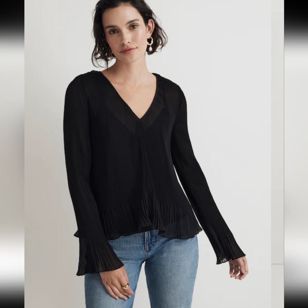 Madewell Black Pleated Flare Sleeve Top S